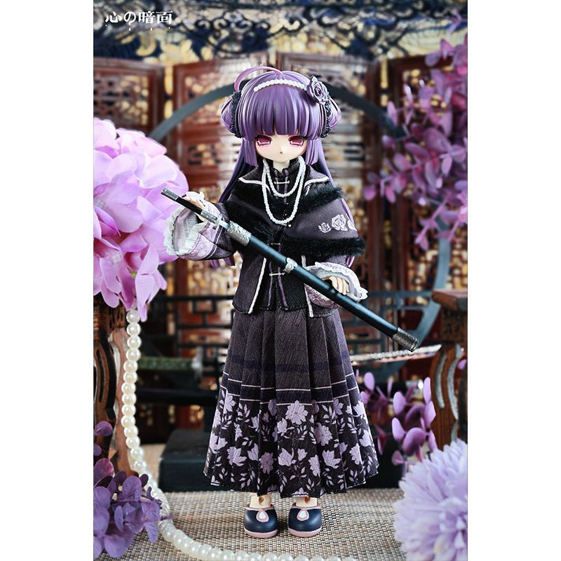 Heart's Dark Side 1/6 BJD blind box - gothic lolita doll in a dark purple gothic dress in a purple-lit room (duplicate view)