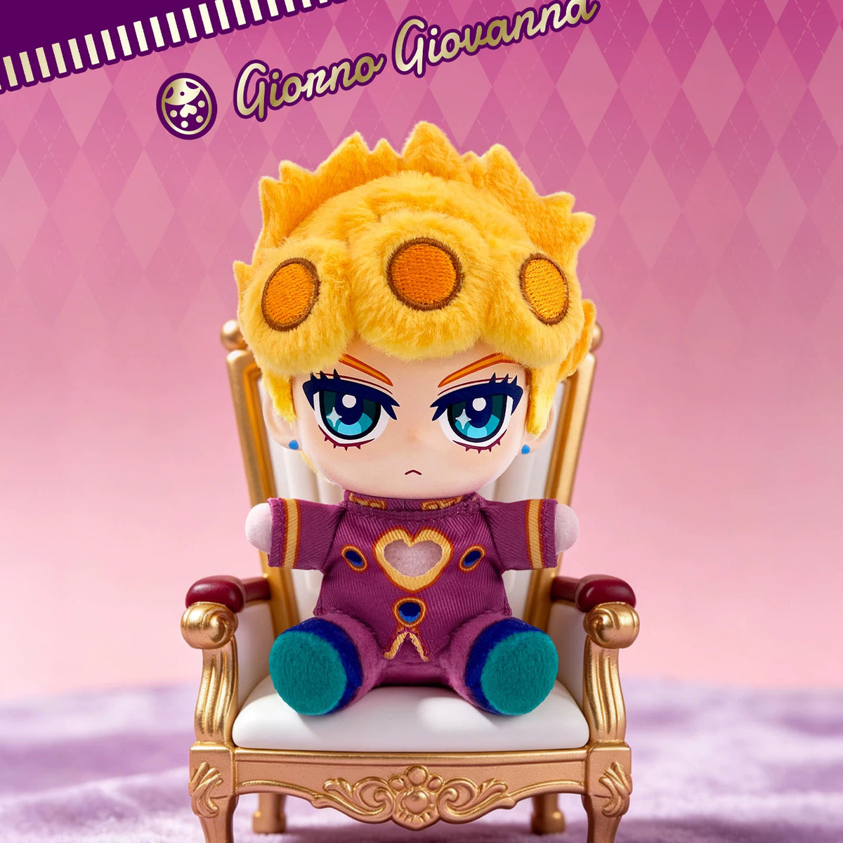 Golden Wind plush keychain Giorno Giovanna on throne display base