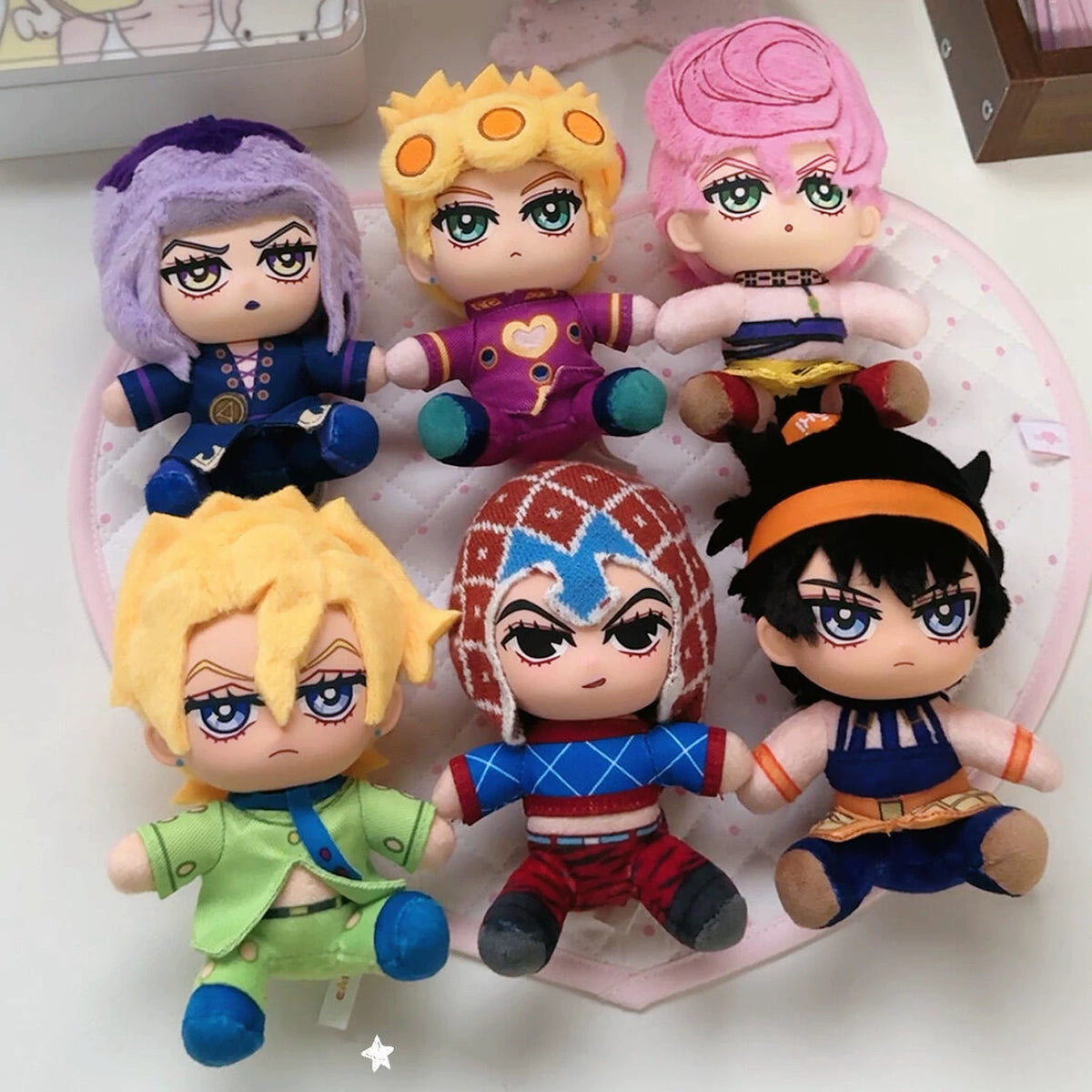 Golden Wind plush keychain Giorno Giovanna and Trish Una on display bases