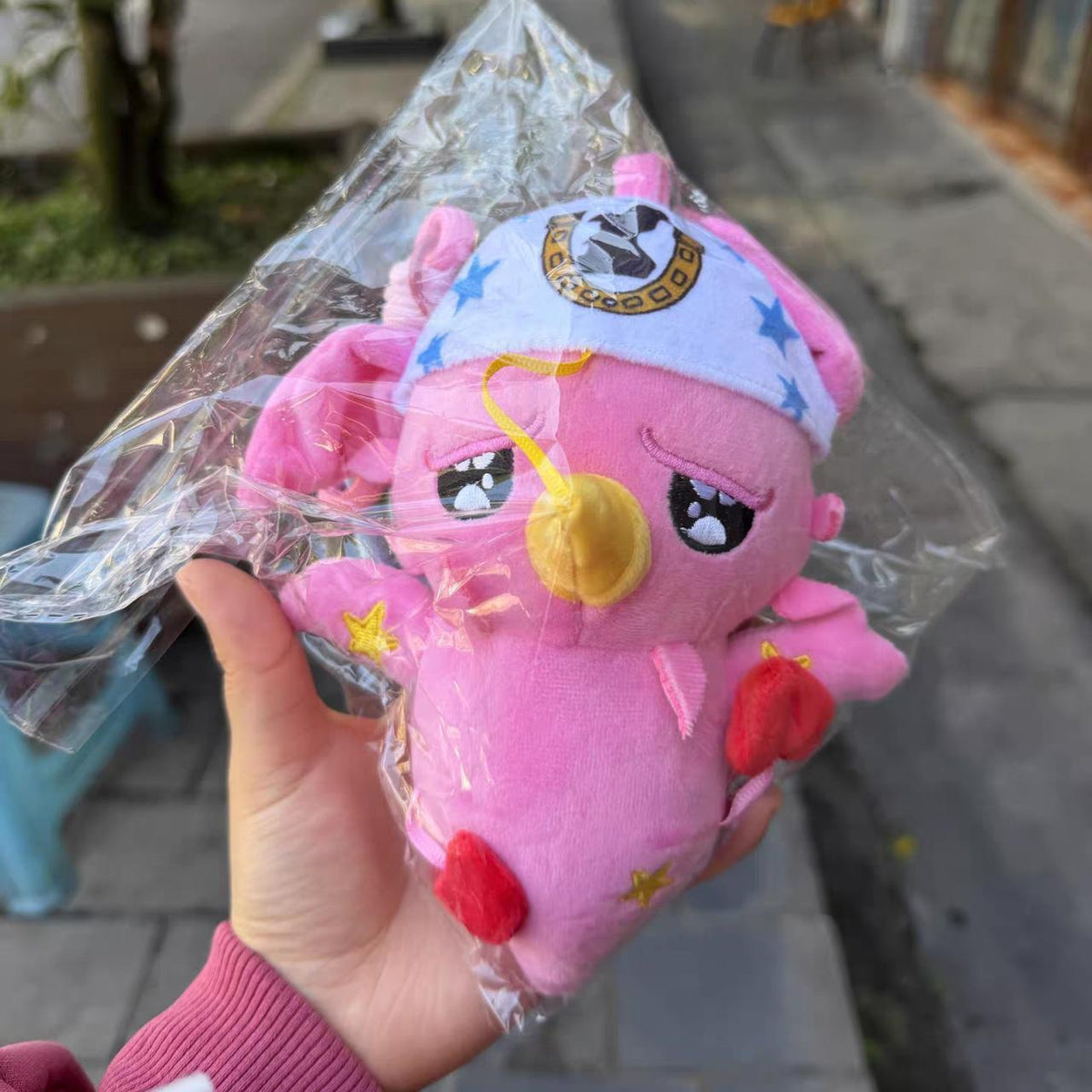 Pink Star Plush Keychain - front view in packaging