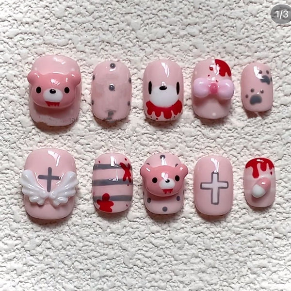 Fujima Ma - Gloomy Bear: 3D Gothic Hand-painted Press-on Nails - Studio Archive Showcase