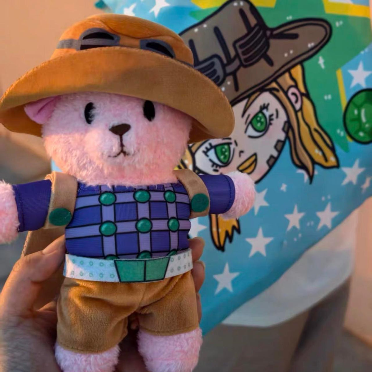 Pink Cowboy Teddy Bear Plush Keychain - close-up of face and hat