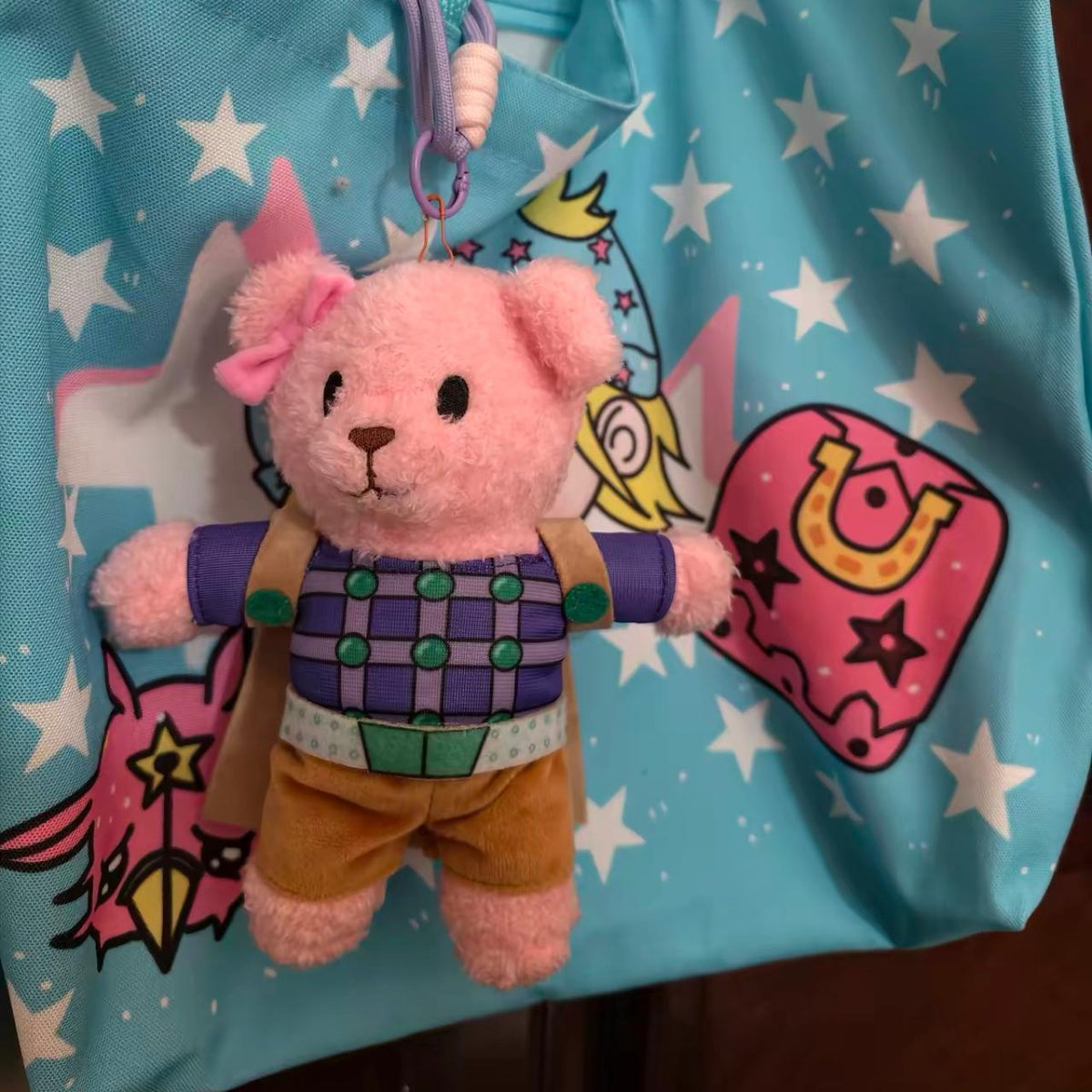 Pink Cowboy Teddy Bear Plush Keychain - hanging on a tote bag