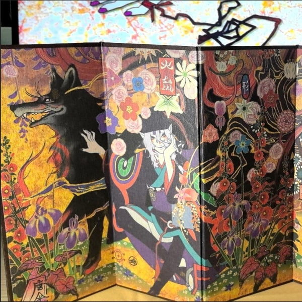 Mononoke Paper Art Folding Screen (Byobu) — Medicine Seller Sumi-e Collectible