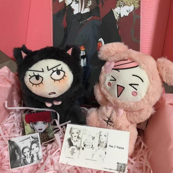 Nana plushies set: pink and black anime plush dolls in gift box with photo cards, made-to-order kawaii collectible from Fujima Ma