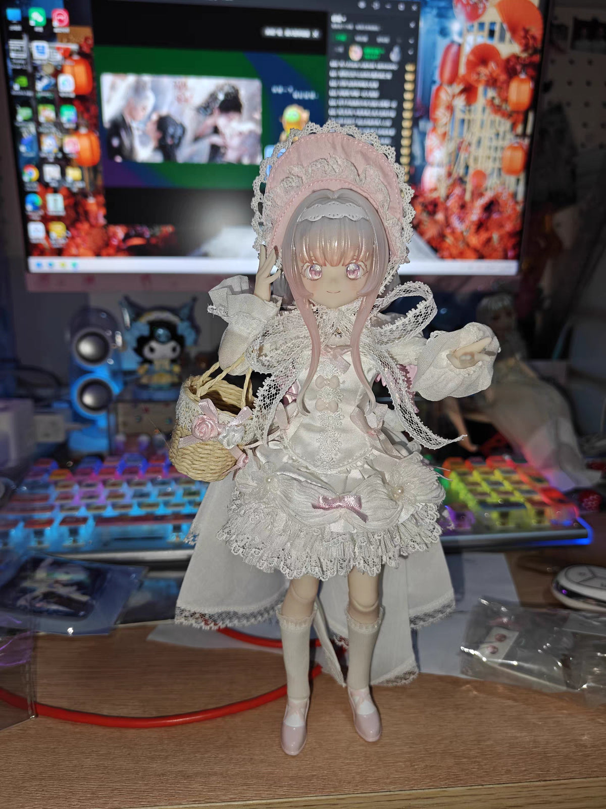 Melliel MJD doll standing on display stand holding basket
