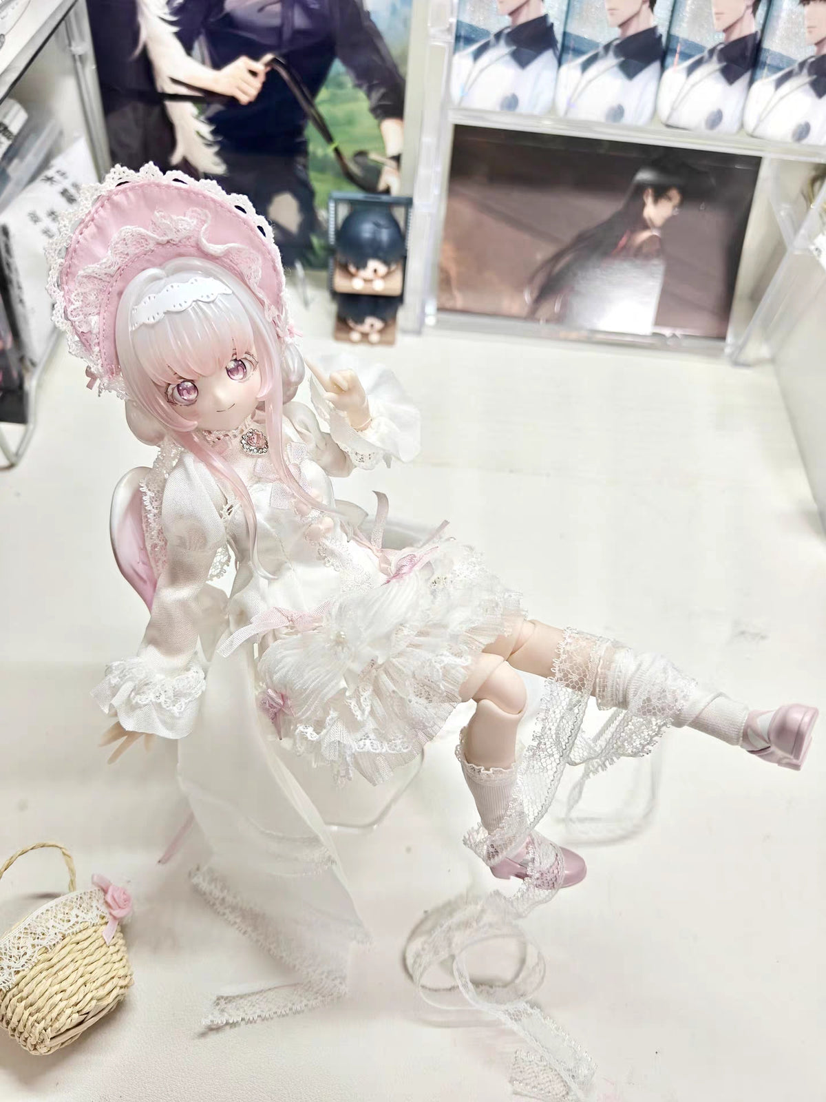 Melliel Light Nighmare Twins BJD detail view of lace dress and bonnet